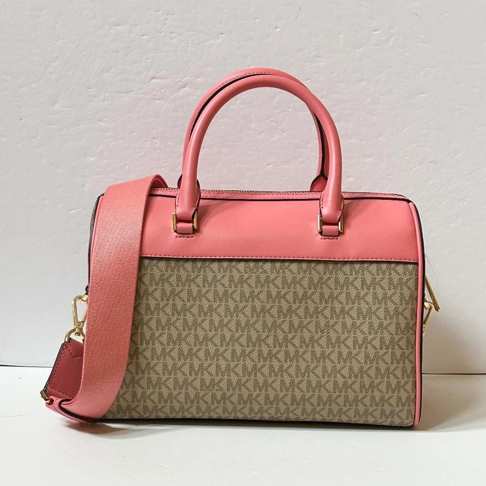 Michael Kors Pink Trim Logo Satchel with Adjustable Strap
